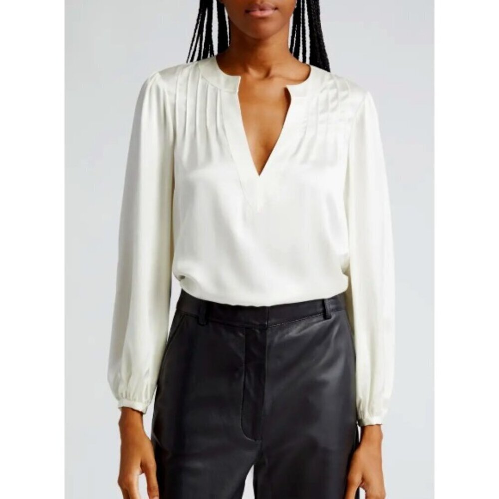 Cinq à Sept 'Rita' Long-Sleeve Pintuck Silk Blouse Top, Ivory